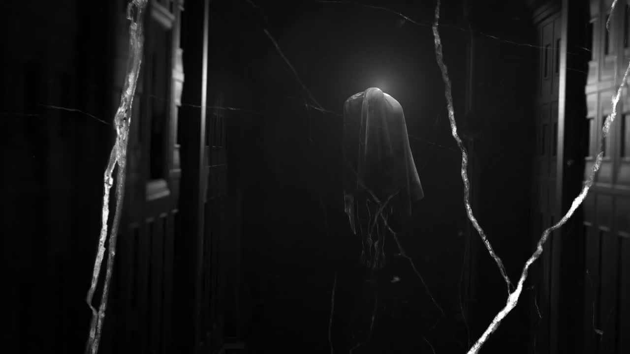 Animation of white lines over ghost on black background at halloween