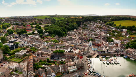 aerial drone shot over local town of padstow in cornwall, united kingdom