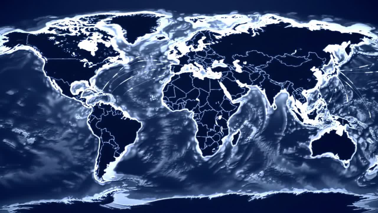 A Dynamic Visualization of the World Map Depicting Global Ocean Currents and Atmospheric Patterns in Vibrant Blue Tones with Intricate Details