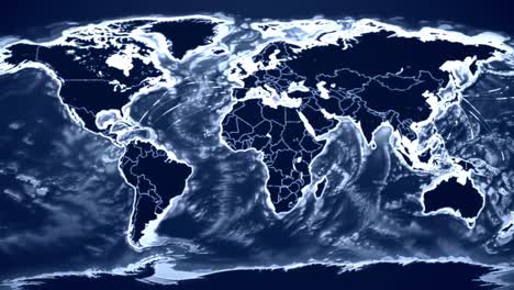a dynamic visualization of the world map depicting global ocean currents and atmospheric patterns in vibrant blue tones with intricate details