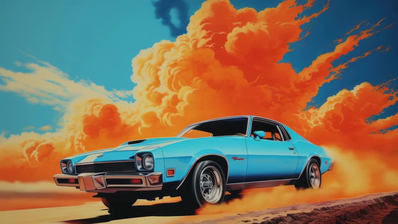 Dynamische Aufnahme eines Oldtimers in Blau aus einem niedrigen Winkel, der mit leuchtend orangefarbenen Wolken durch eine Wüste rast
