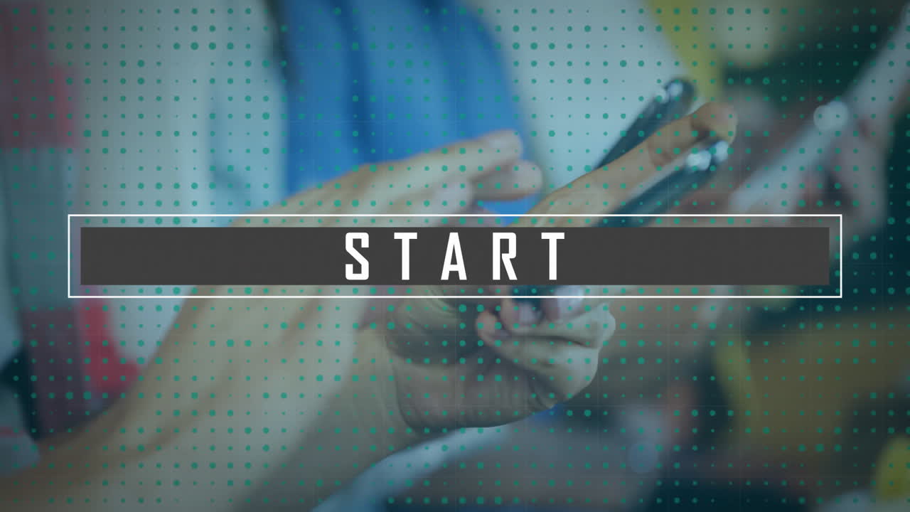 Animation of start text over diverse colleagues using smartphones