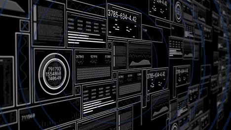 animation of interface with data processing over blue concentric circles against black background