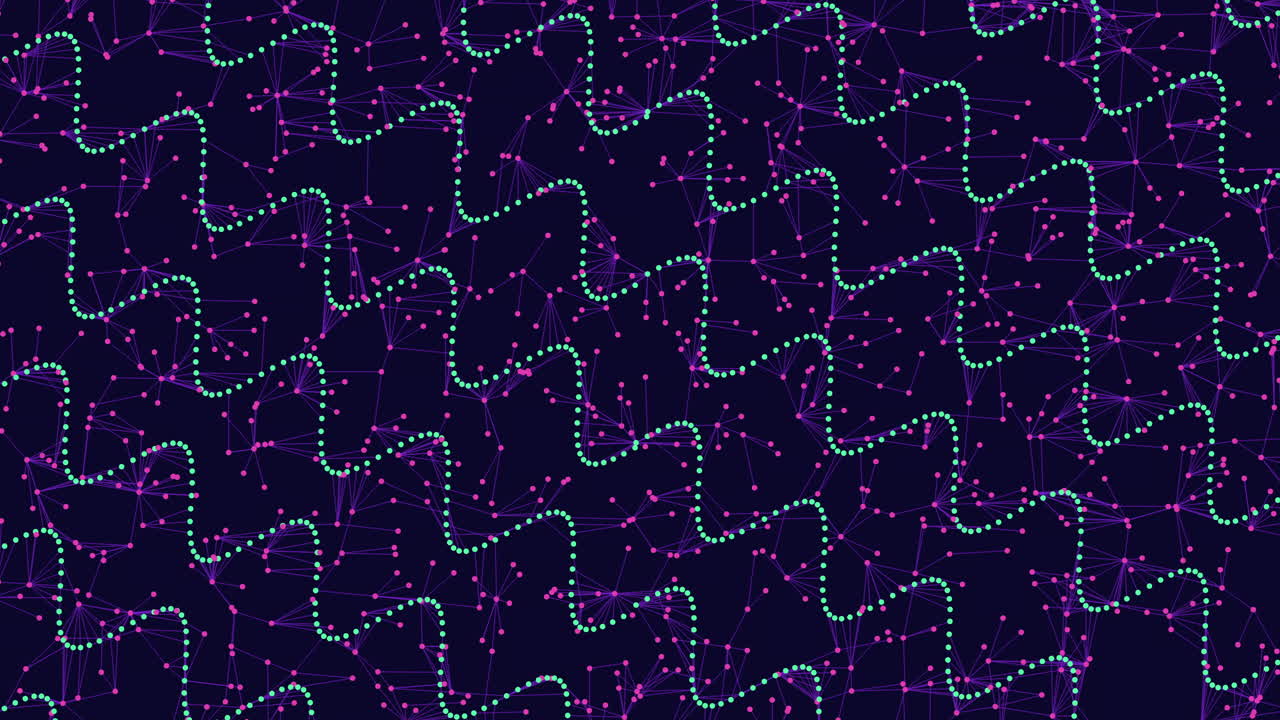 An abstract design composed of interlinked purple and green lines with circular elements and dots in between, creating a visually captivating pattern