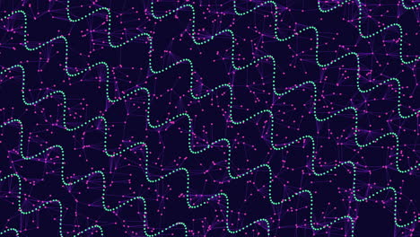an abstract design composed of interlinked purple and green lines with circular elements and dots in between, creating a visually captivating pattern