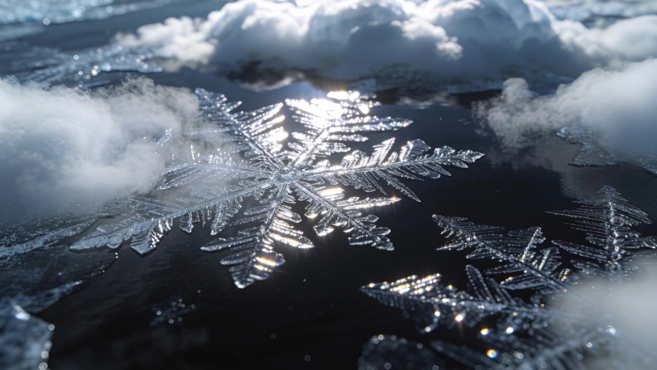 Sole che luccica su un fiocco di neve esagonale posato su una pellicola scura tra cristalli più piccoli, nuvola bassa alla deriva