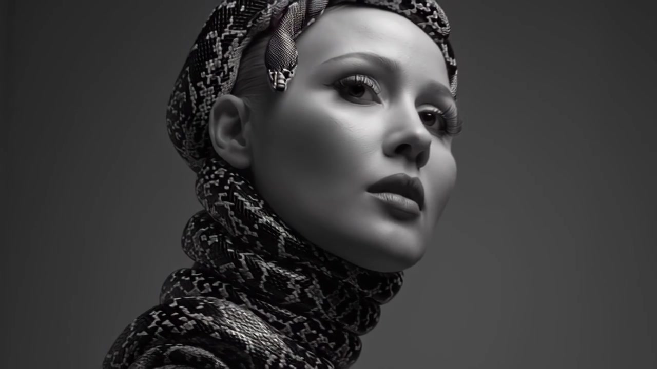 Riprese cinematografiche in studio di una donna affascinante che posa con un serpente a motivi avvolto intorno alla testa e al collo, illuminazione drammatica e stile monocromatico, primo piano di bellezza.