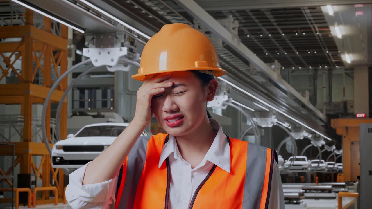 안전 헬을 입은 아시아 여성 엔지니어가 ev 자동차 공장에서 일하면서 두통을 고 있습니다.