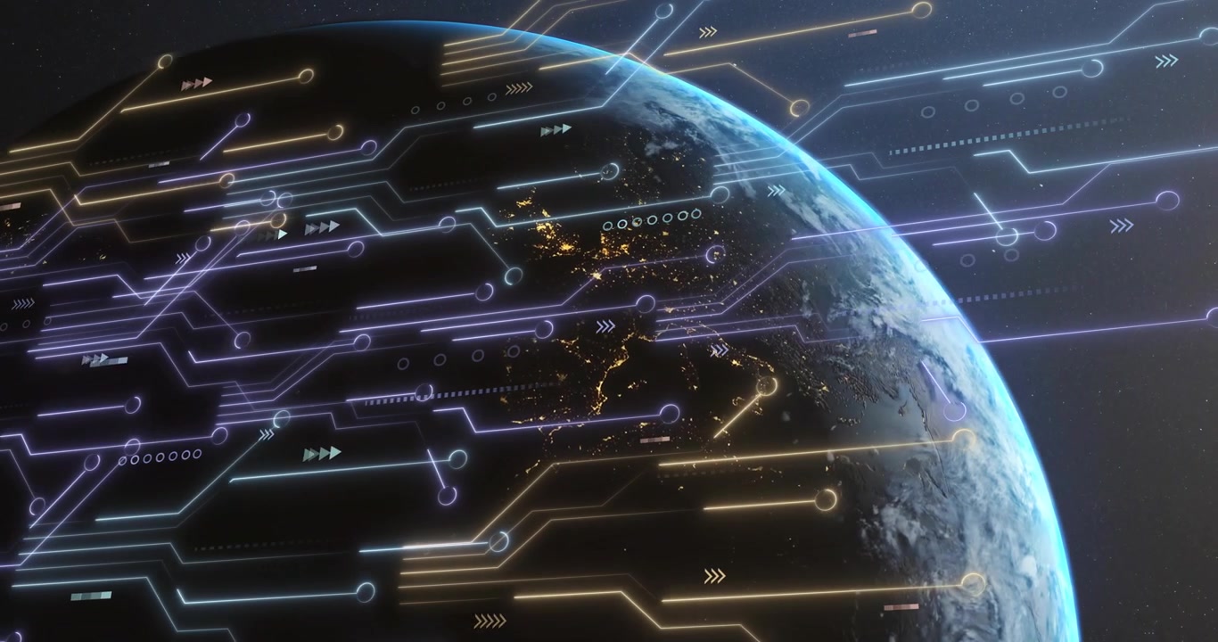 Digital Network Lines Flowing Over Earth with City Lights and Sunrise
