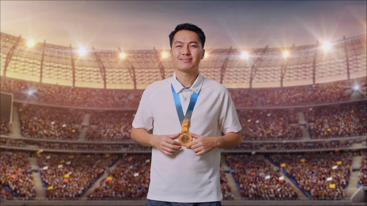 금메달을 입고 손을 박아주는 아시아인, 경기장에서 첫 우승자로 자랑스러워