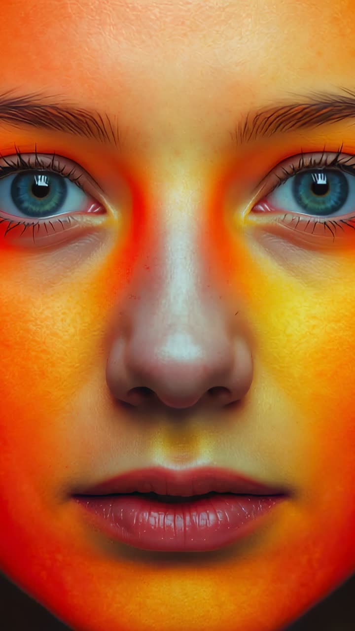 Video verticale: volto in primo piano che reagisce ai cambiamenti di luce in studio, occhi illuminati ad anello e scintillanti