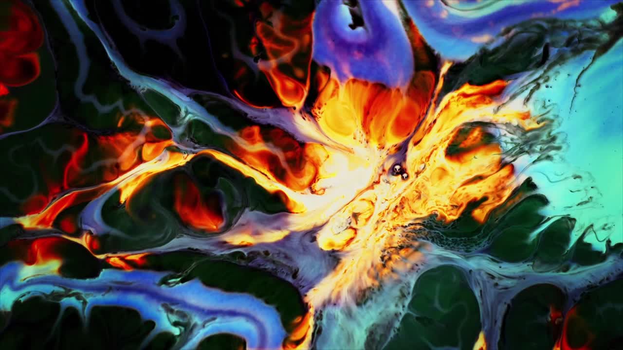 Leuchtende abstrakte Flüssigfarbe, die sich verwirbelt und vermischt