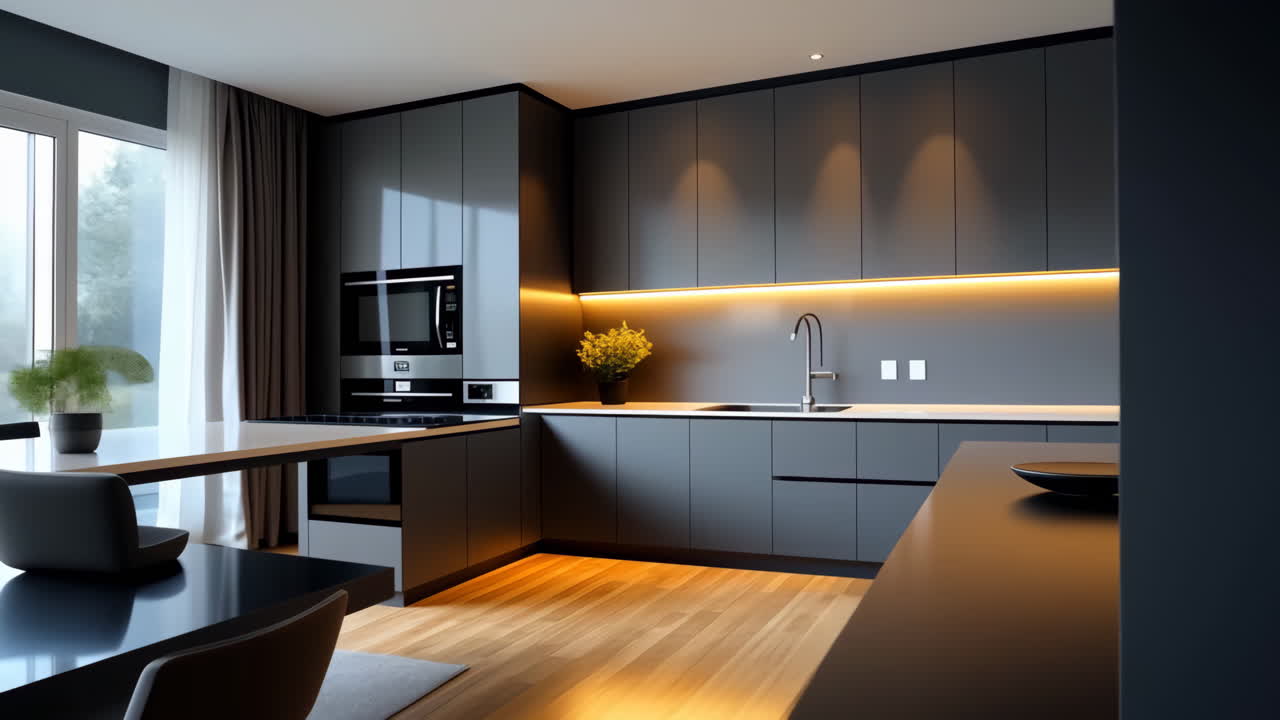 A Modern and Elegant Kitchen with Sleek Grey Cabinets and Warm Lighting ...