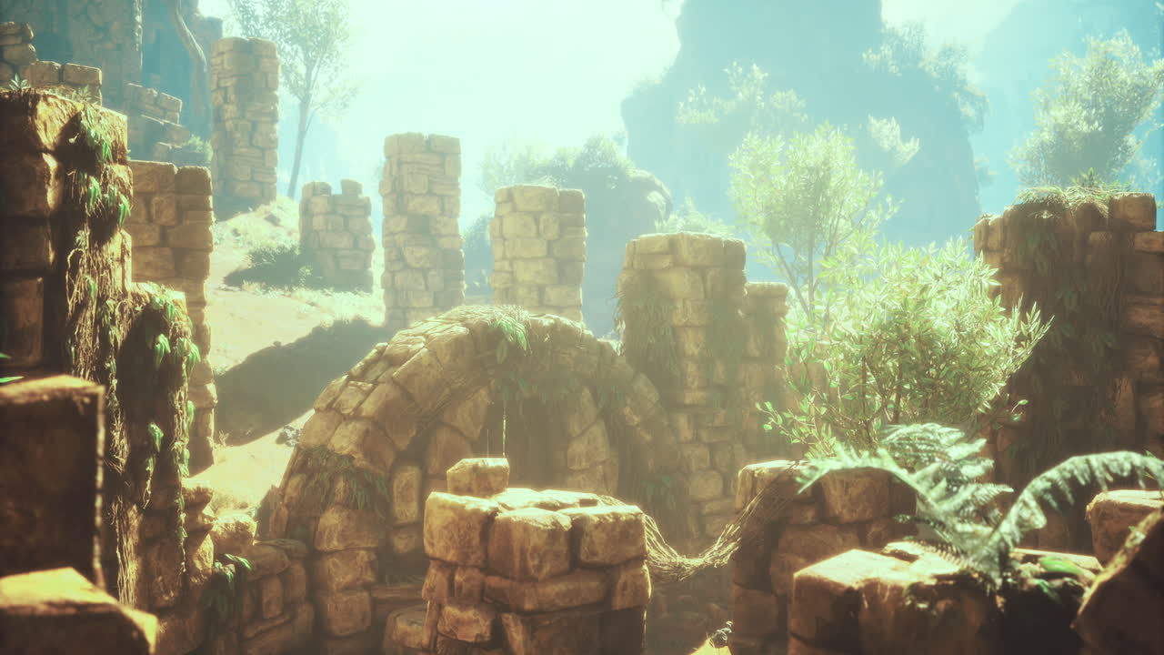 Mysterious ruins bask in golden sunlight amidst lush green foliage