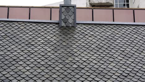 grey tiles fish-scale tiles roofing over european house roof and chimney