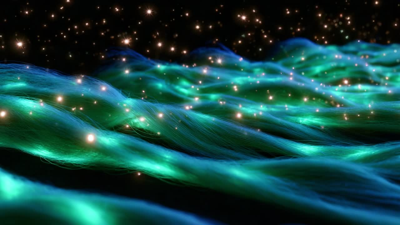 A Mesmerizing Display of Vibrant Blue Green Waves Intertwined with Sparkling Stars, Creating a Dreamlike Atmosphere That Captivates the Viewer and Evokes a Sense of Wonder and Serenity in a Magical Environment