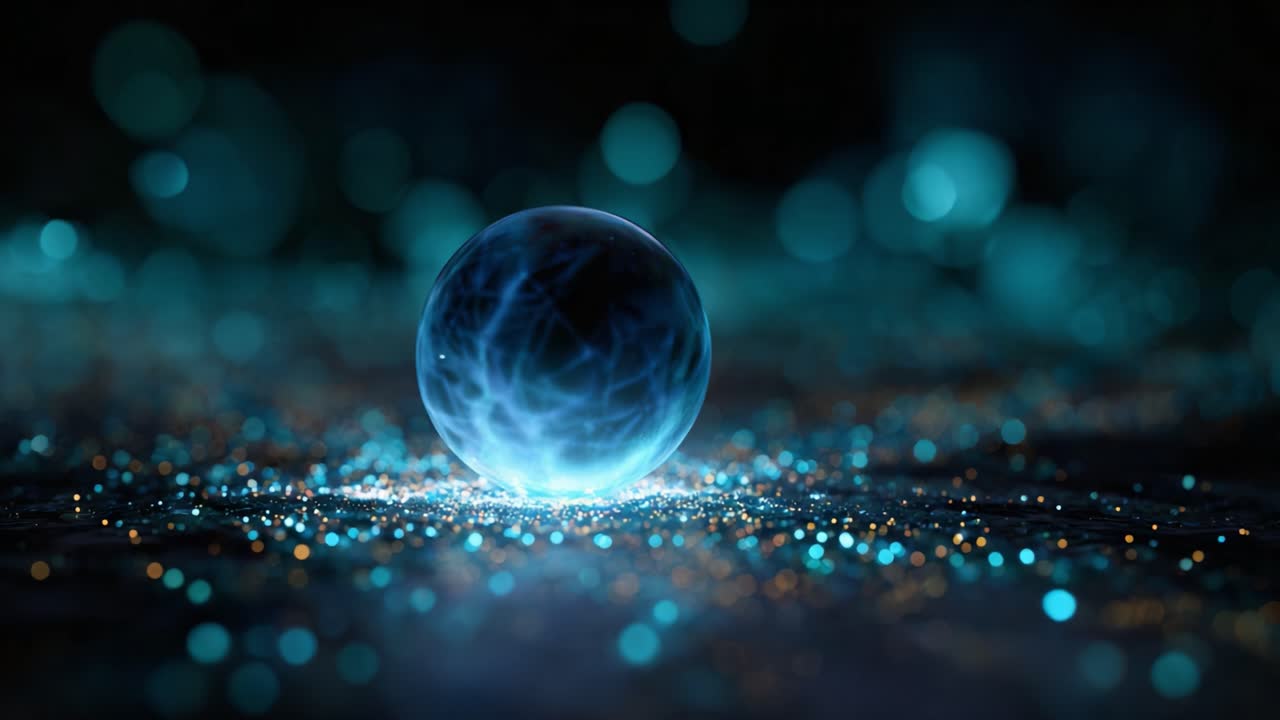 Sfera luminosa incandescente con particelle scintillanti su sfondo scuro, che cattura l'essenza della luce e dell'energia in un'atmosfera mistica