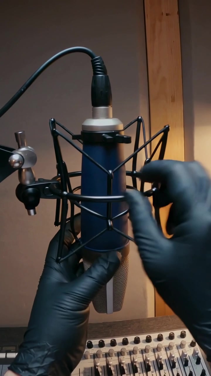 Vertical video: Approaching gloved hands securing condenser mic into shock mount, aligning elastic