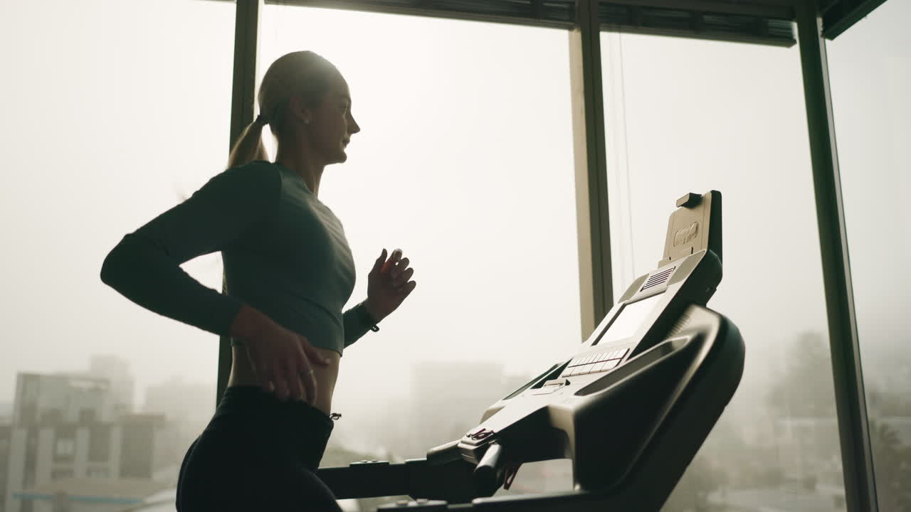 Gym, window or woman running on treadmill machine