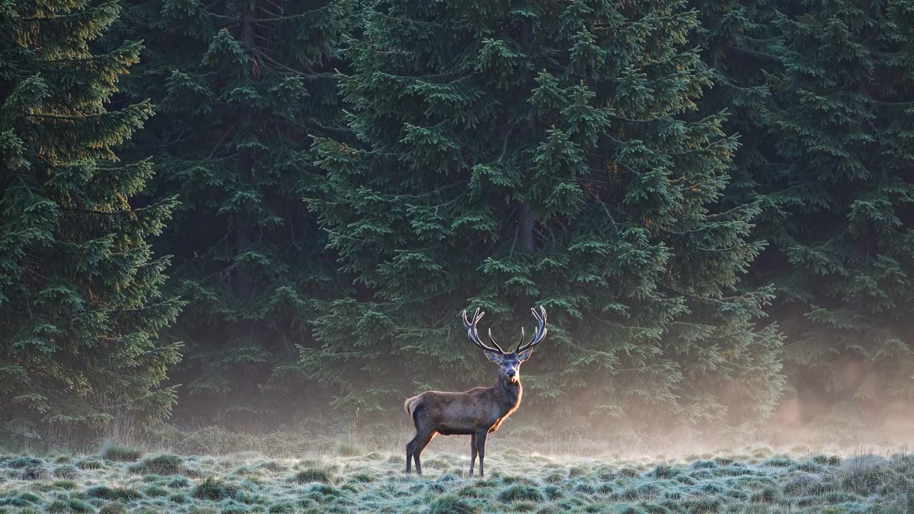 Majestic deer in a misty forest, captured from a low angle, evoking a serene, cinematic video feel
