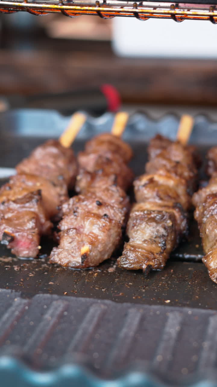 Close up of grilled meat on skewers at the Tsukiji Fish Market in Japan. Vertical