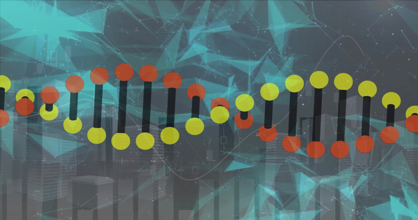 Modello di elica del DNA rotante su sfondo di paesaggio urbano digitale.