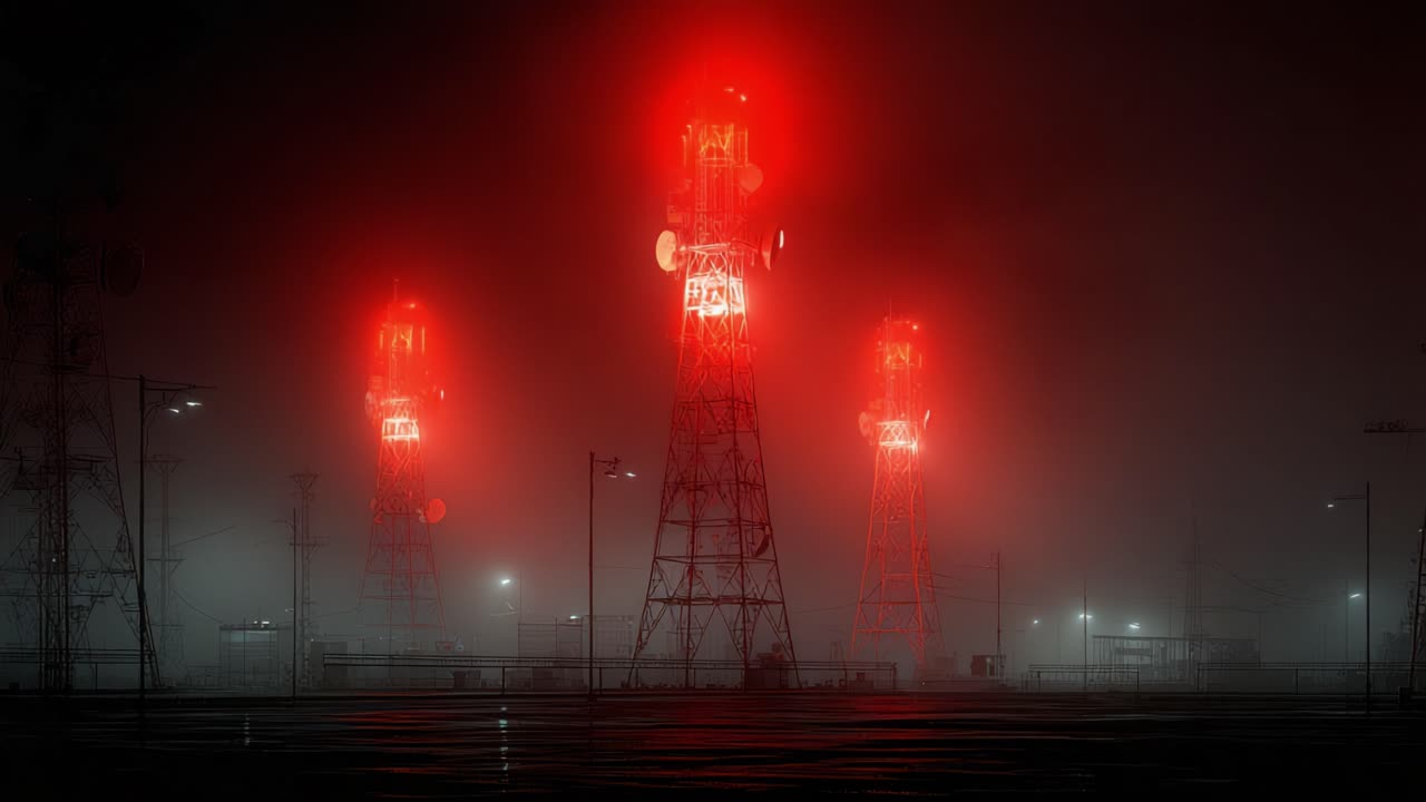 Three prominent telecommunication towers brightly illuminated with red warning lights, piercing through the dense, mysterious fog on a dark and atmospheric night in an industrial area
