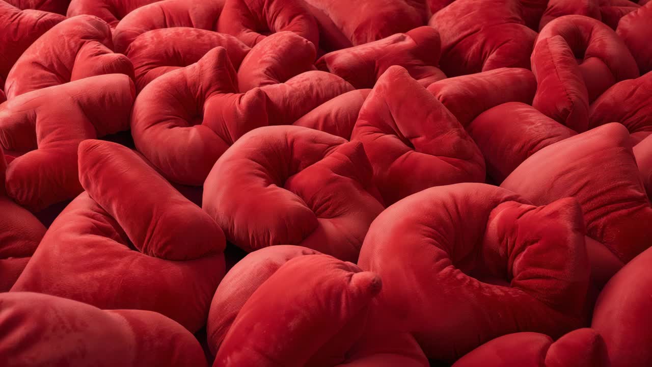 Slow camera panning revealing centered red plush cushion mass at gallery, highlighting tufted seams
