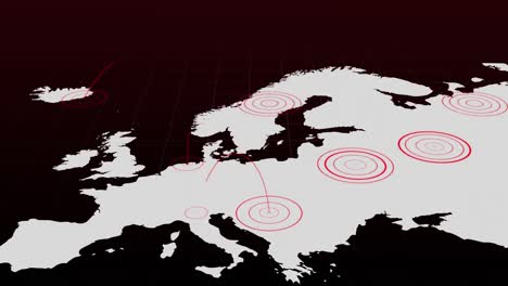 Weiße-Europakarte-Mit-Strahlend-Roten-Konzentrischen-Kreisen,-Die-Sich-Zwischen-Den-Gebieten-Auf-Schwarzem-Hintergrund-Ausbreiten