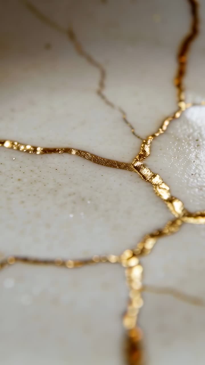 Video verticale: Telecamera che sposta la messa a fuoco rivelando un macro kintsugi in ceramica su un tavolo per i dettagli.
