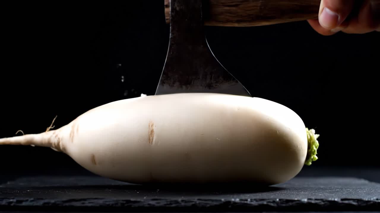 Cutting a daikon with an axe