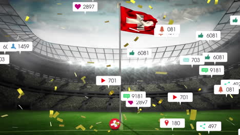 animation of social media icons and confetti falling over waving switzerland flag and sports stadium
