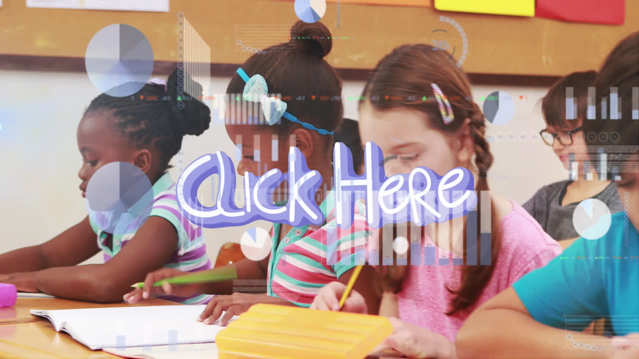 Animation of click here text and data processing over diverse schoolchildren