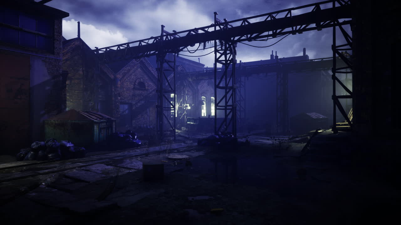 Mysterious urban setting with industrial structures illuminated by dim light