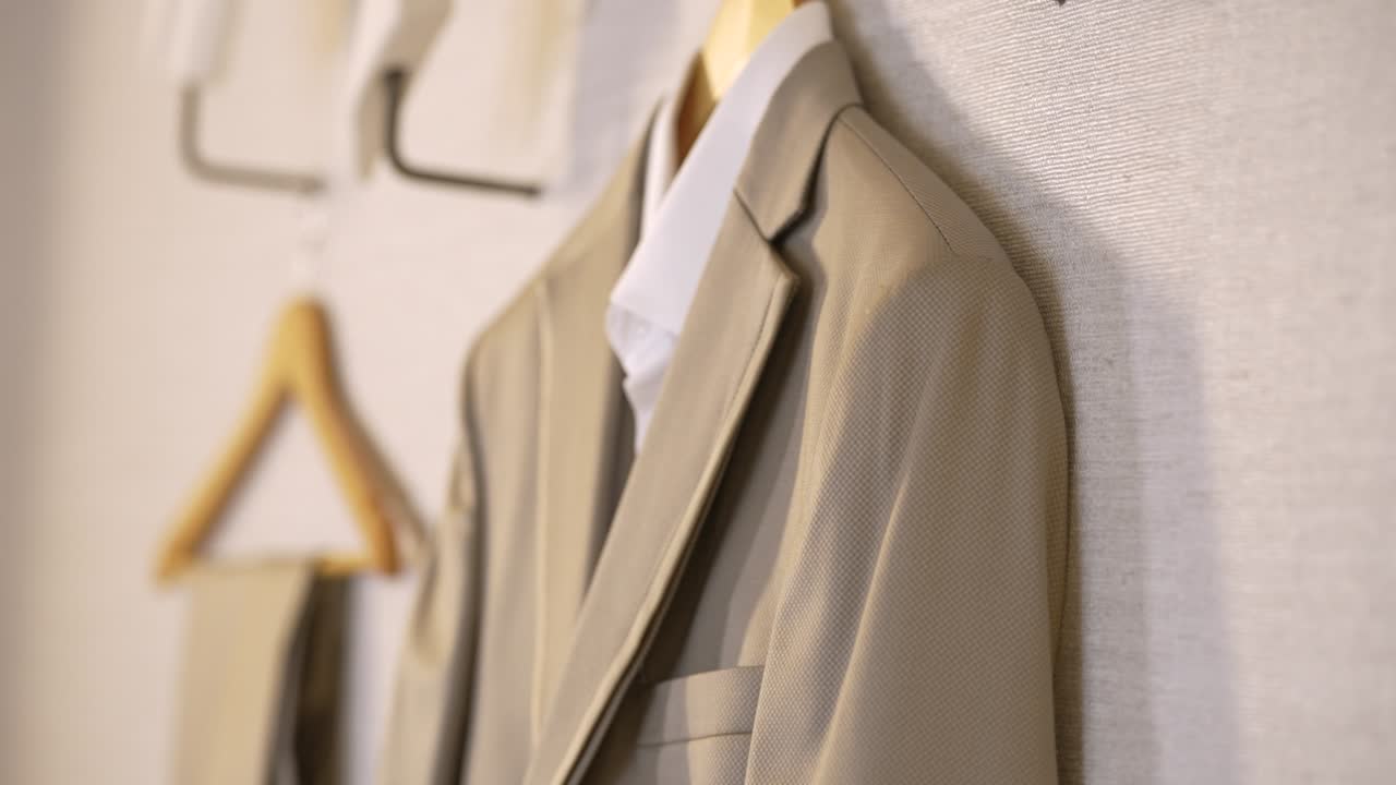 Un abito chiaro e una camicia abbinata sono appesi a grucce di legno in una zona spogliatoio luminosa. Gli abiti sono disposti ordinatamente contro una parete semplice. Questa composizione denota cura per i dettagli in vista di un evento futuro.