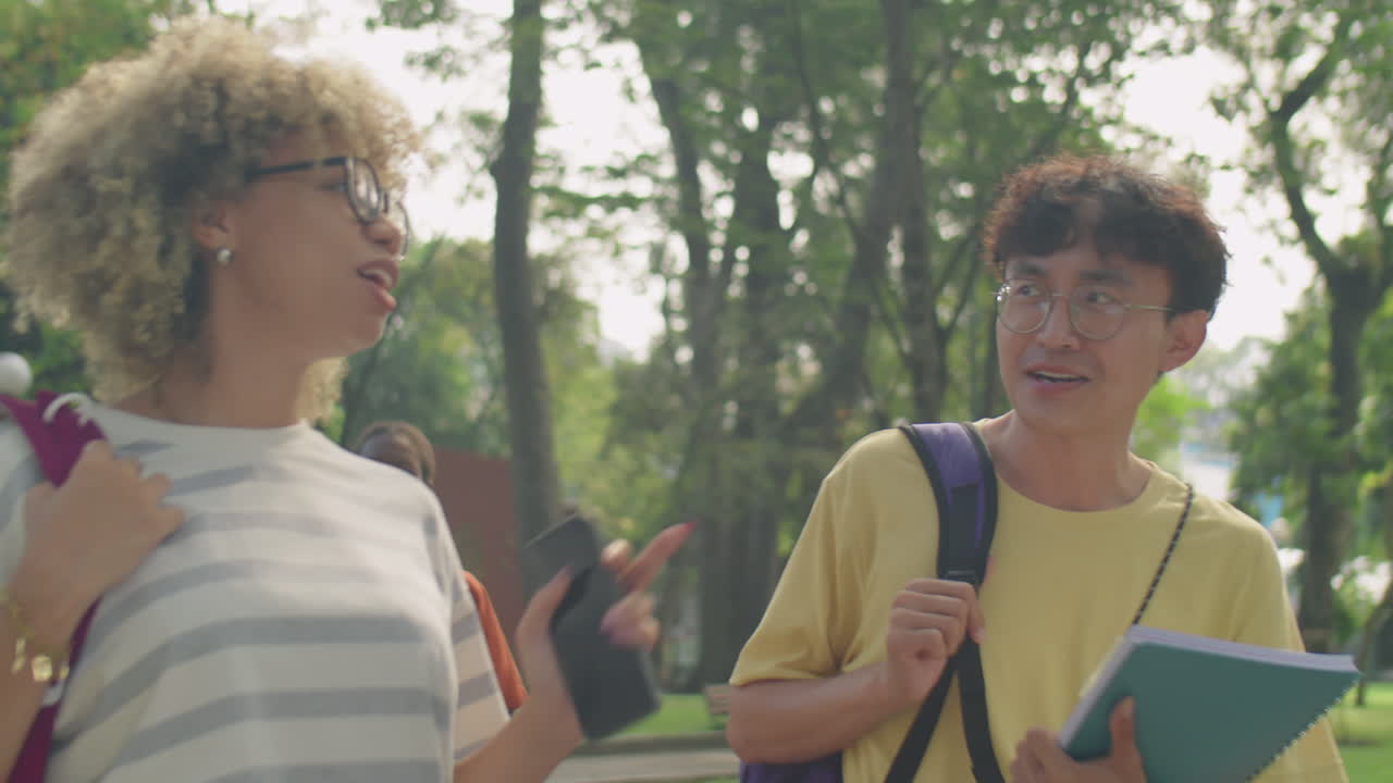 Diverse College Friends Walking in Park and Chatting