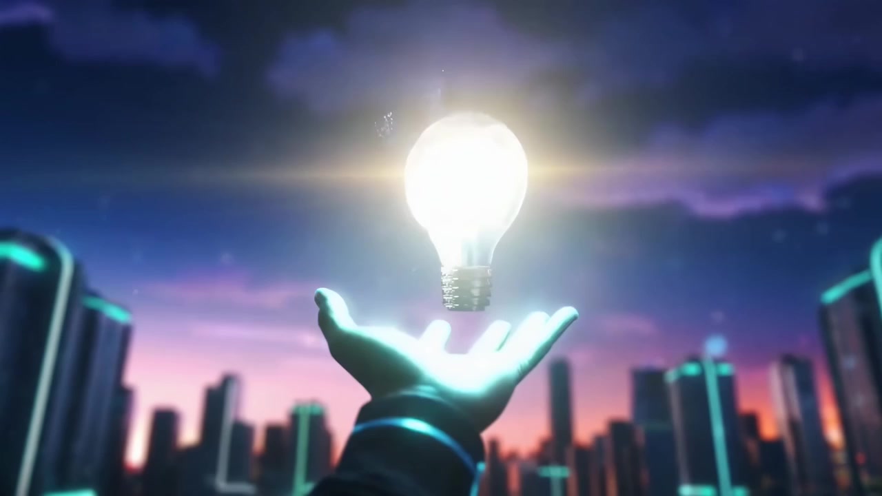 Hand Reaching for a Digital Lightbulb in a Futuristic City