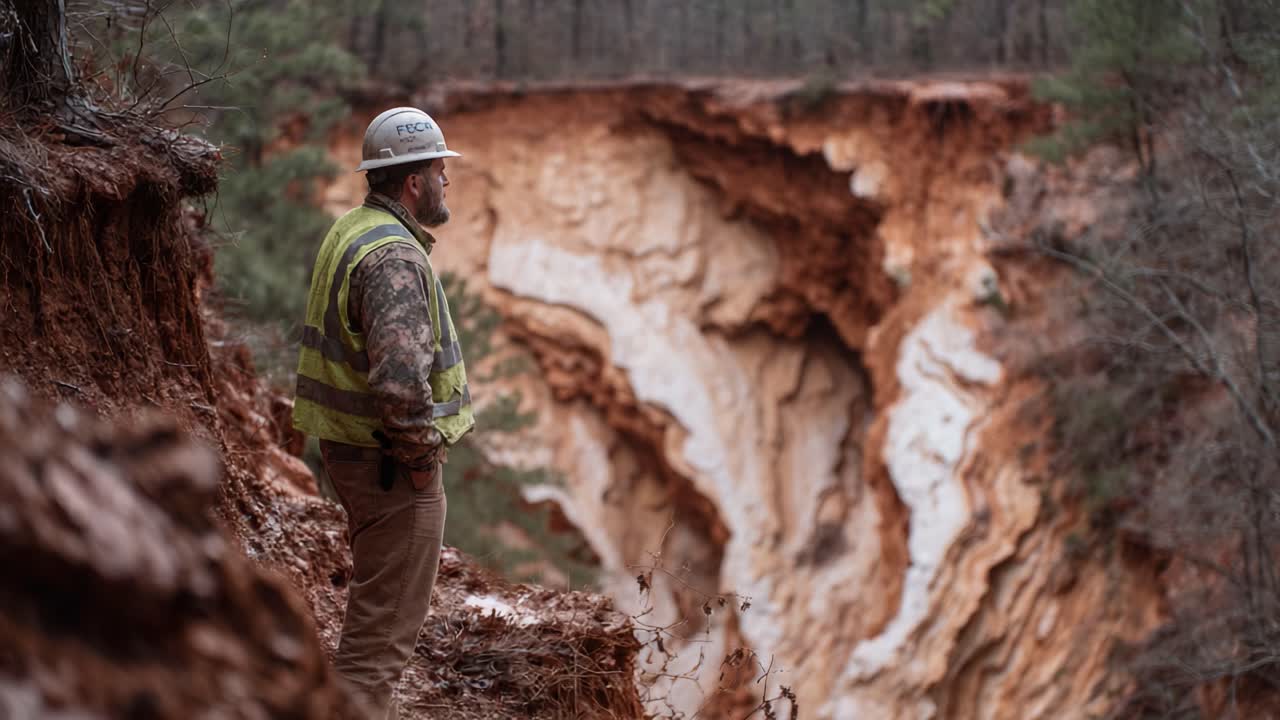 A Construction Worker Observing Erosion Along a Steep Cliff Edge, Contemplating the Environmental Impact and Safety Concerns in a Forestry Area