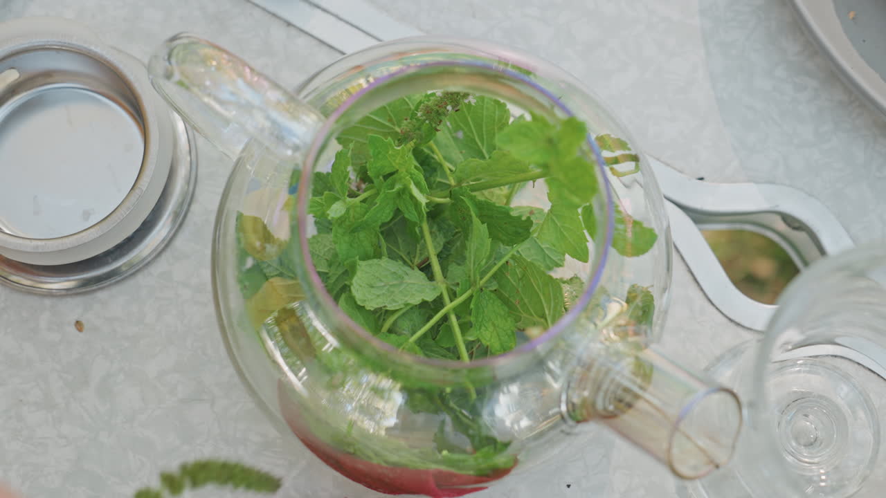 Momento intimo della preparazione delle foglie di tè all'aperto. Primo piano di mani che strappano foglie di menta per l'infusione del tè all'aperto. Vista dettagliata della menta che viene preparata per il tè su un tavolo da campeggio nel pomeriggio.
