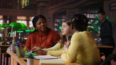 teacher helping students in a library classroom