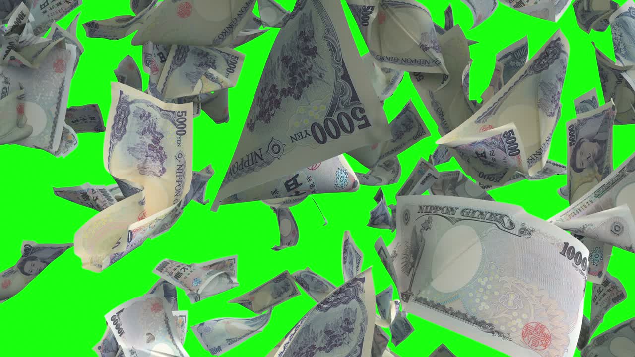 녹색 크로마 키 4k 루프에 떨어지는 일본 엔 지폐