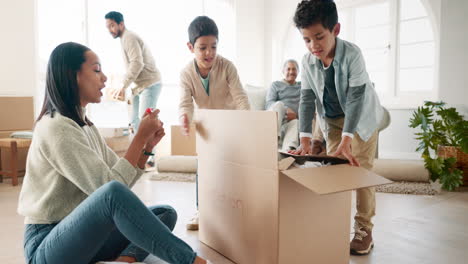 happy, children helping parents with packing