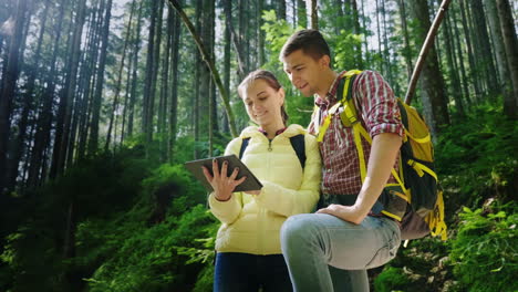 A-Couple-Of-Tourists-With-Backpacks-Orient-Themselves-In-The-Forest-Use-A-Tablet-The-Beautiful-Rays-