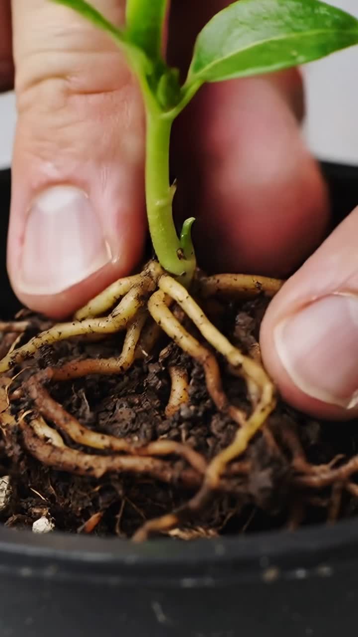 Vertical video: Seeing tangle hands teasing roots around seedling on desk freeing mass in black pot