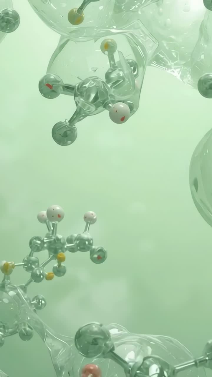 Vertical video: Appearing molecular clusters drifting in green gradient showing spheres and rods