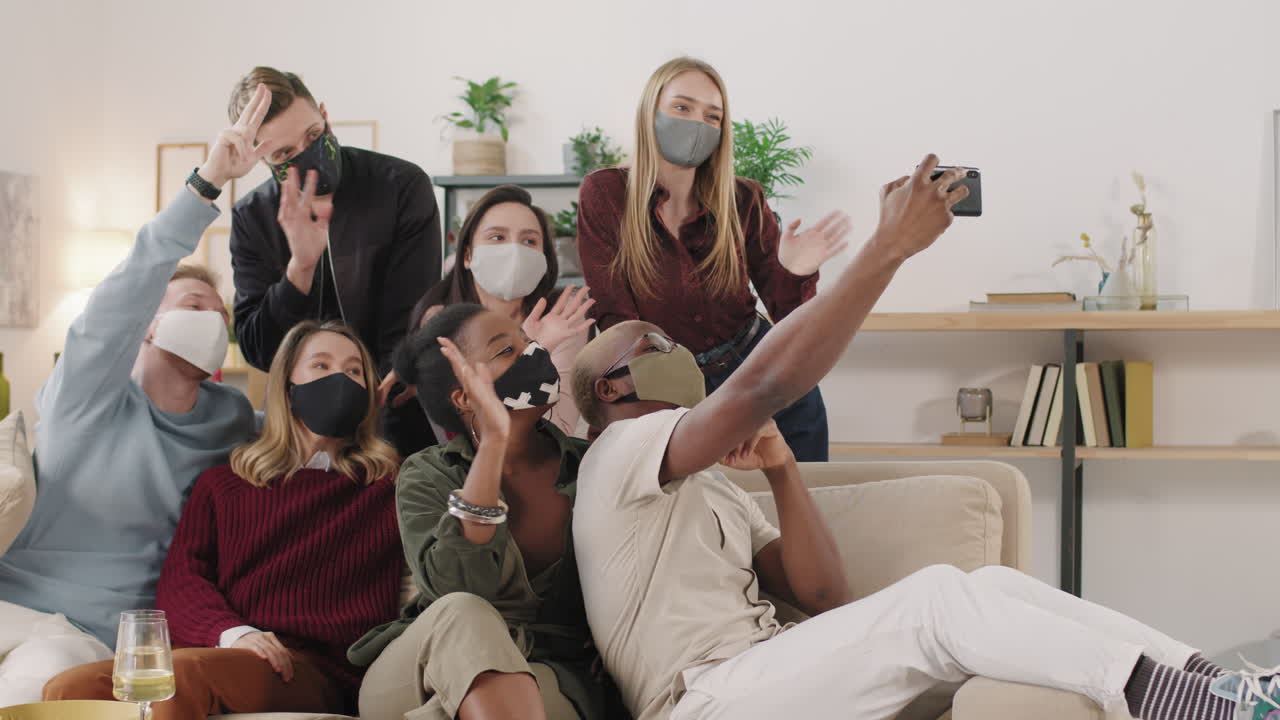 Group of Friends in Face Masks Taking Selfie