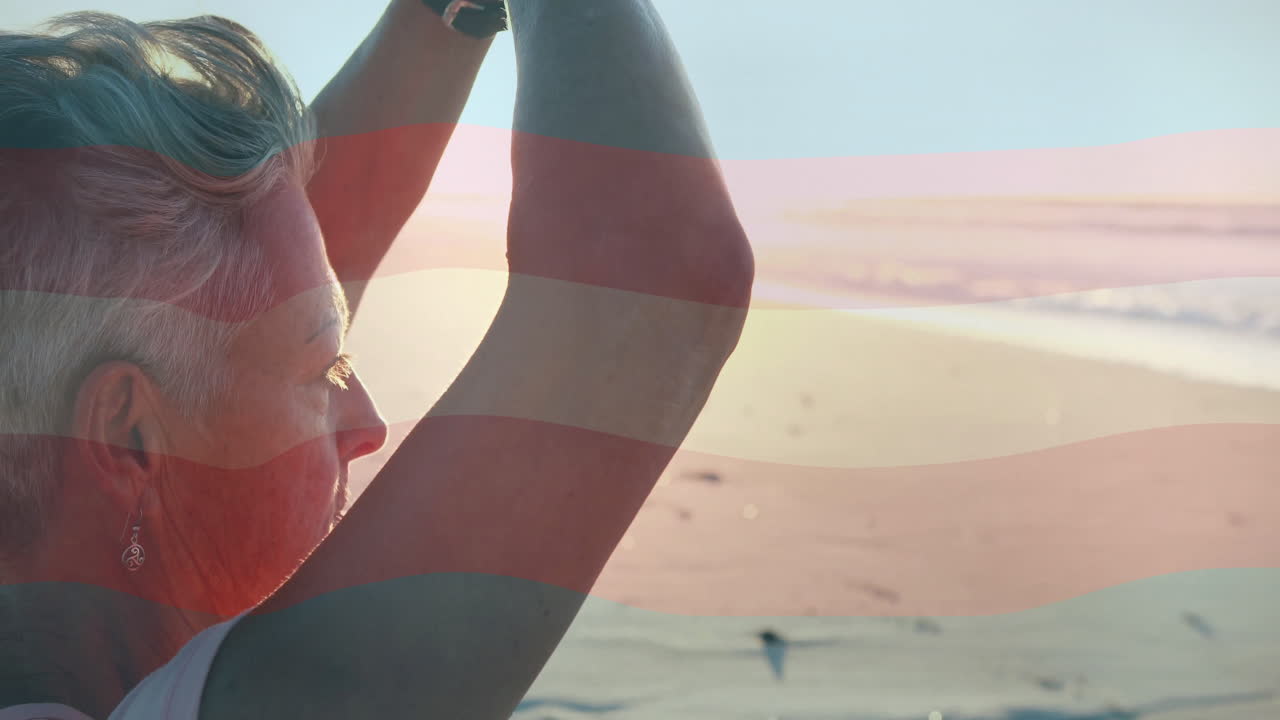 On beach, person stretching with colorful wave animation overlay in background