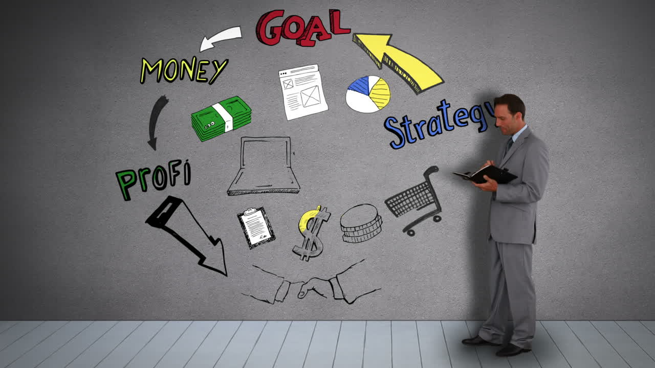 일기를 가진 사업가 애니메이션 사업 계획 사이클을 보고 있습니다.