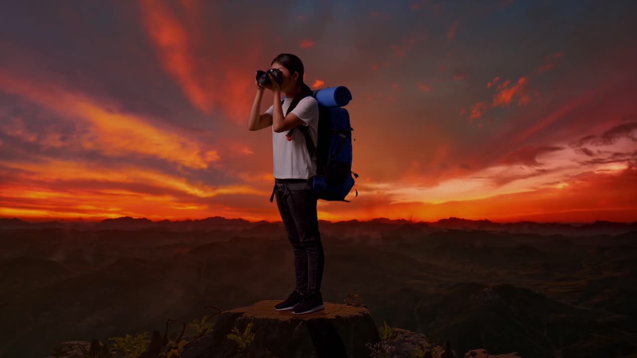 해가 지는 산 꼭대기에 있는 여성 사진작가