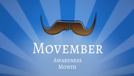 animation of movember awareness month text and moustache over blue background